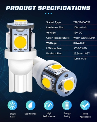 194 lampadine automobilistiche del LED 6500K incuneano T10 SMD 5050 scheggia